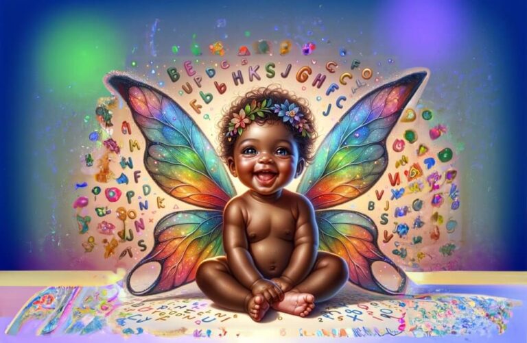 Baby sitting with colorful wings costume.