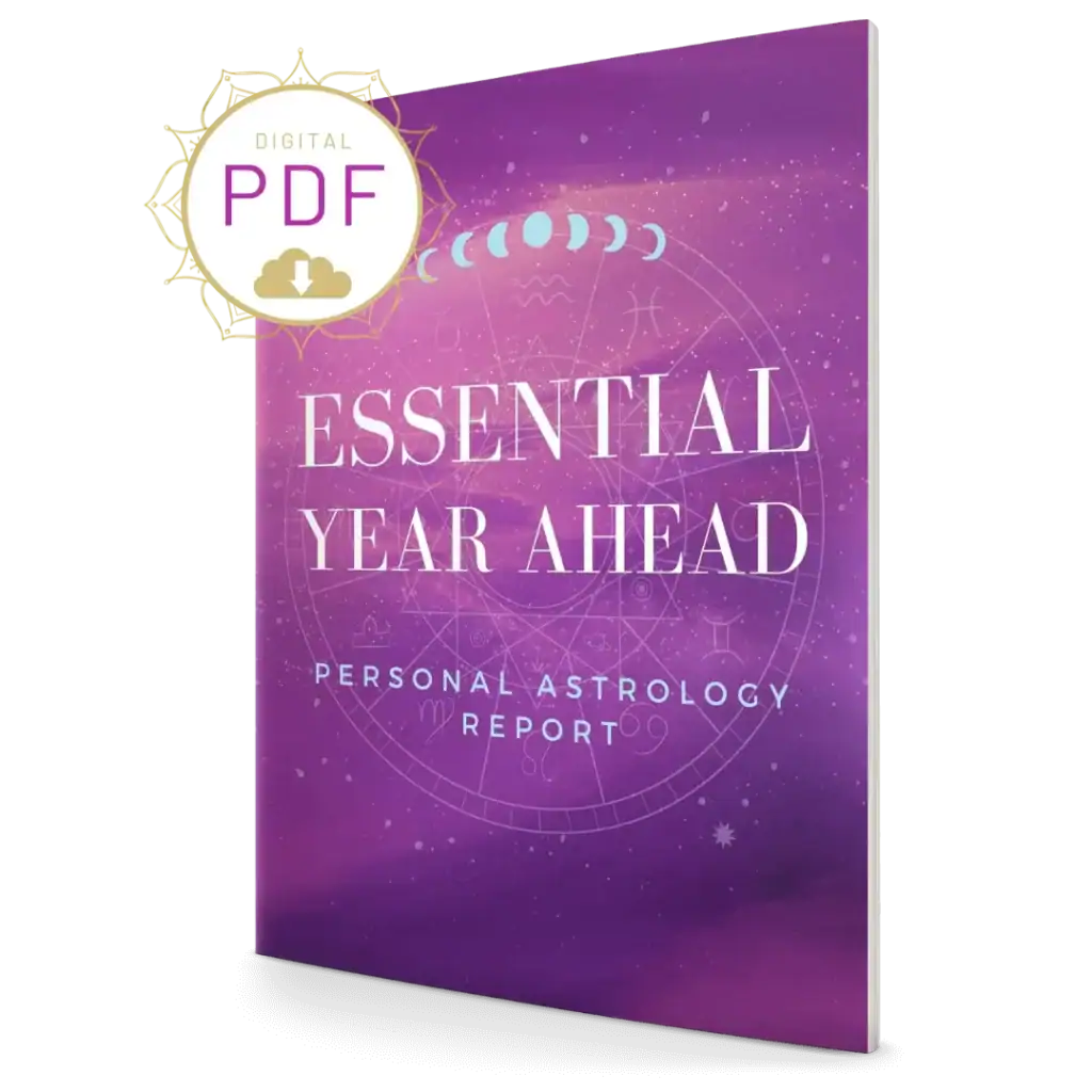 Essential Year Ahead Report cover with zodiac symbols and cosmic background.