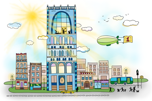 A cartonized small village with a floating object with a number 1 banner.