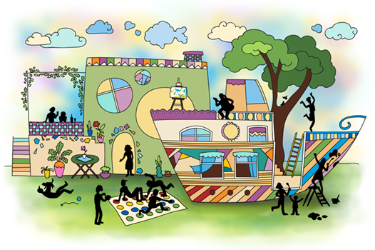 Several people doing fun games throughout the house and frontyard.