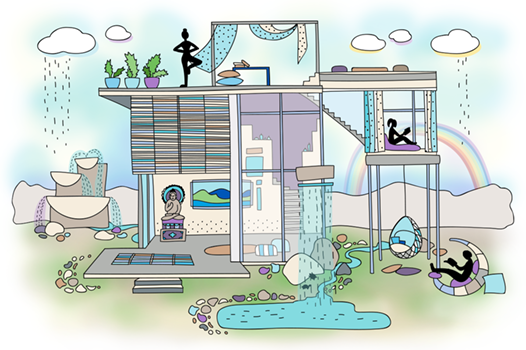 Mirror house design with people meditating and scattered rain showers.