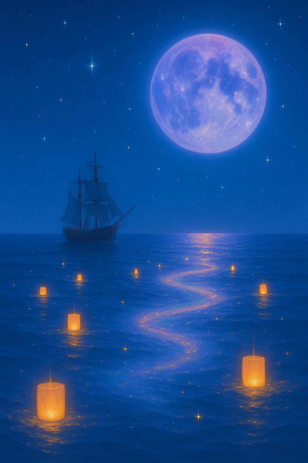 A majestic tall ship sailing on a calm, moonlit ocean under a starry night sky with a large, glowing purple moon. A luminous path of golden light and scattered glowing lanterns float on the water, leading towards the horizon.